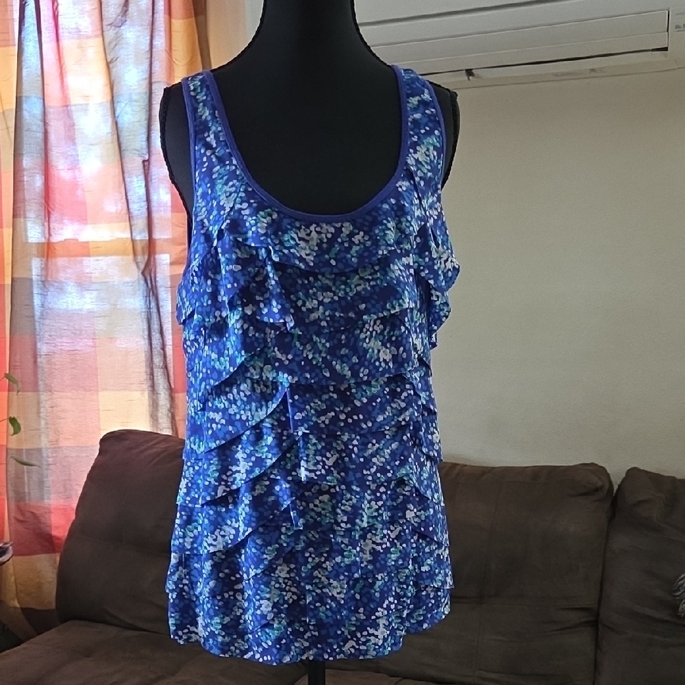 Apt. 9 Purple And Blue Splotched Floral Patterned Ruffled Tank Top